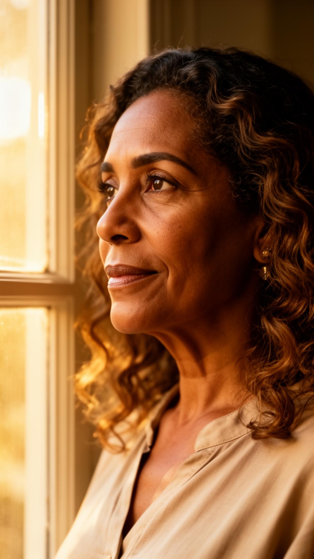 Mulher madura em momento contemplativo, sentindo liberdade emocional